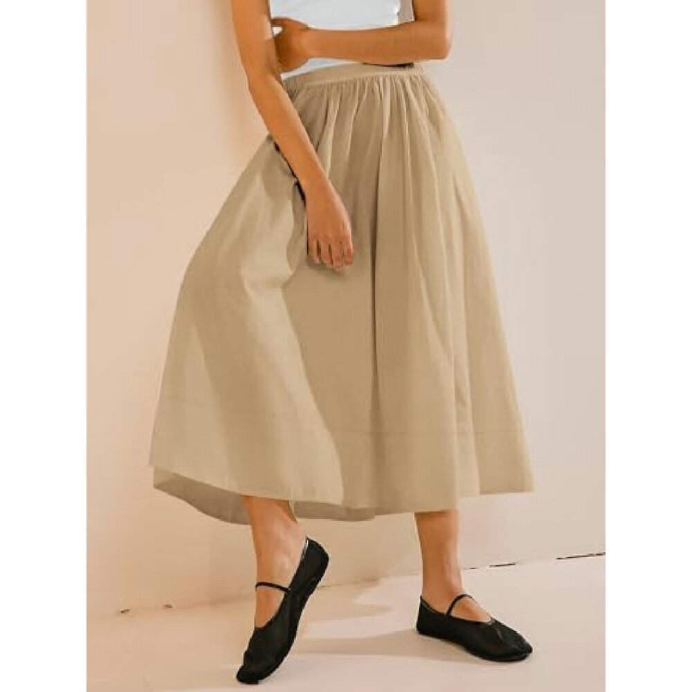 Women's A-Line Midi Skirt with Pocket, Elastic Waist, Flowy Polyester Blend - Picture 5 of 8